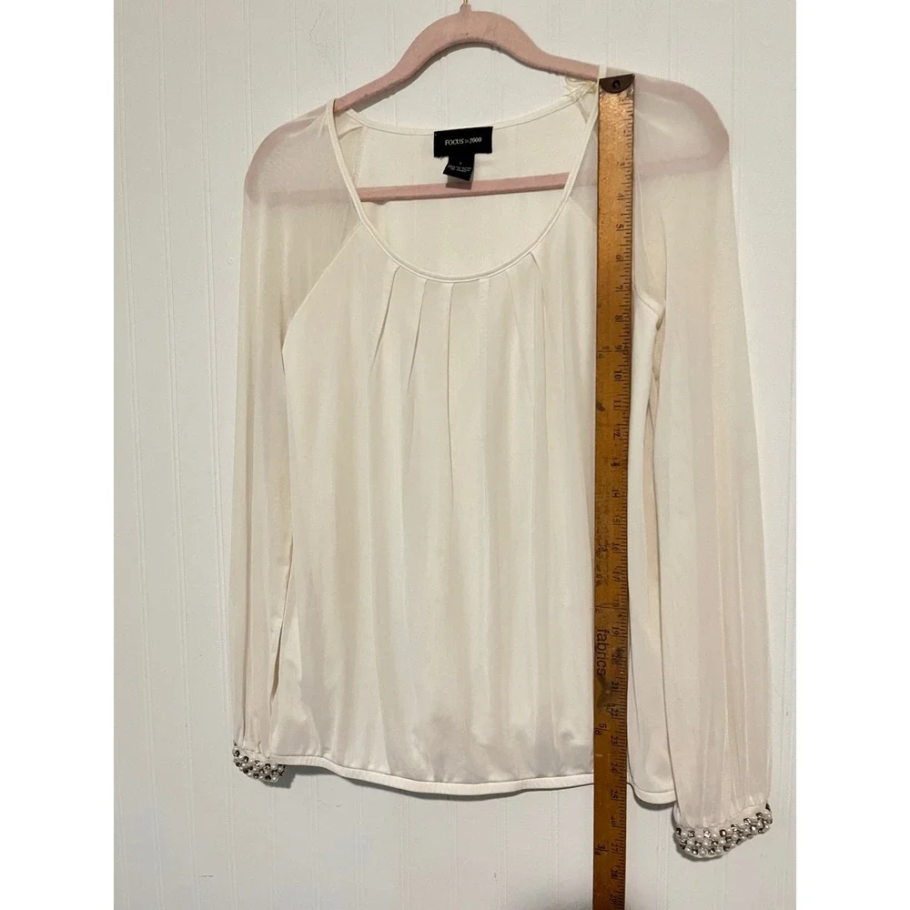 Focus 2000 Blouse Womens Small Ivory Sheer Sleeve Pearl Cuff Pleated office wear